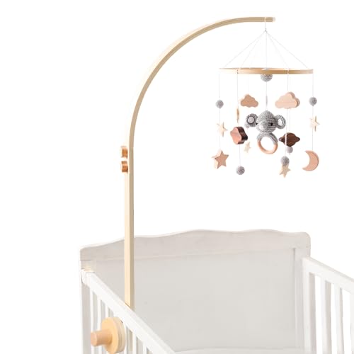 ベッドメリー 二点セット 木製 モビール アーム 赤ちゃん 新生児 おもちゃ 取り付け簡単 寝かしつけ用寝具 知育 インテリア【象−グレー】