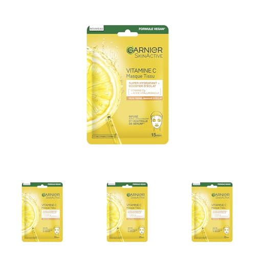 Garnier - Masque Tissu Hydratant - Booster d'Eclat - Enrichi en Vitamine C et Acide Hyaluronique - Formule Vegan - Pour les Peaux Ternes et Fatiguées - 28 g (Lot de 4)