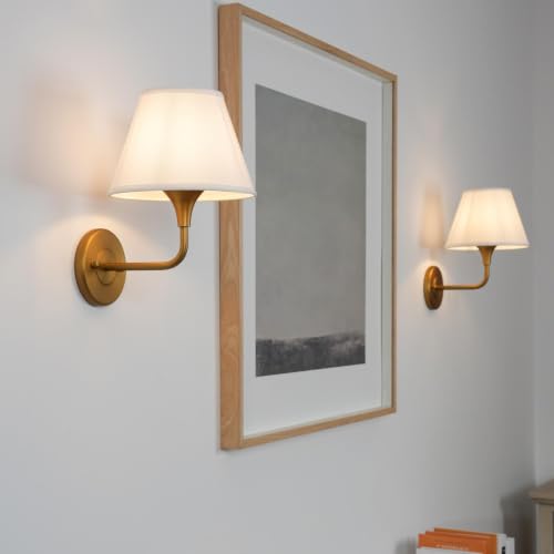 Image of PERMO Wall Sconces Set of 2 Traditional Gold Sconce with 6.3 inch High Linen Lampshade Hardwired Set of Two Wall Light for Living Room Bedroom Hallway Bathroom Stairs Kitchen