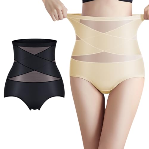 2XK-NOV Braguitas para Mujer, Cintura Alta, Bragas Fajas Reductoras Abdomen, Ropa Interior Transparente De Seda Hielo (FR/ES, Letras, XXL, Regular, Regular, 2, Negro + Beige)