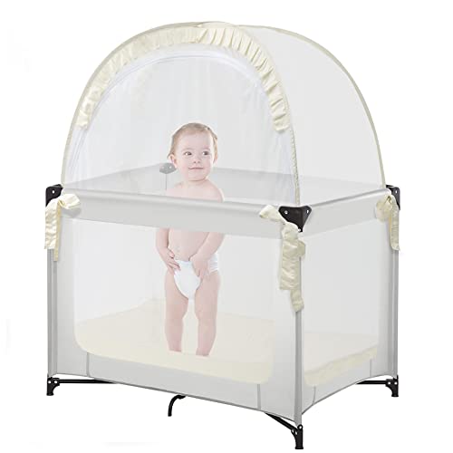 Image of L RUNNZER Pack N Play Tent, Baby Crib Tent to Keep Baby from Climbing Out, Pop Up Crib Net for Pack and Plays, Mini Cribs & Play Yards, See-Through & Breathable Mesh Crib Canopy, Beige, R07s-beige