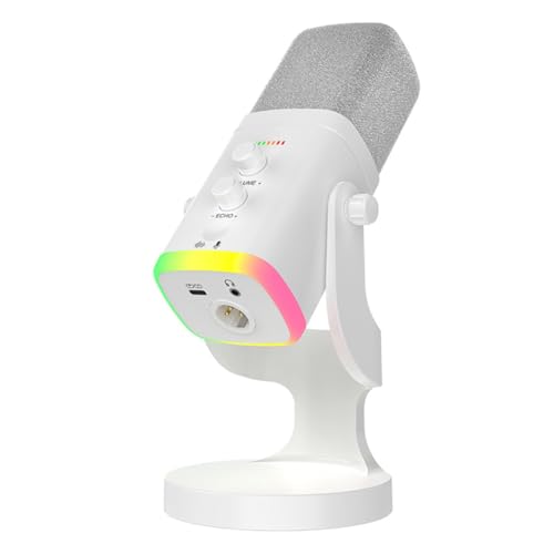 Microphone USB XLR dynamique blanc réduction bruit fonction mute pour gaming podcast