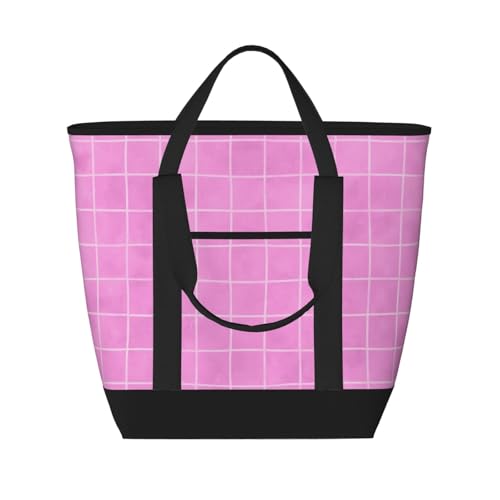 Sac d'épicerie isotherme rose à motif grille pour courses fraîches