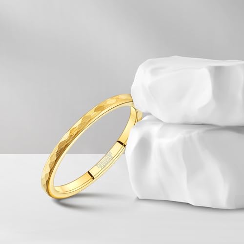 NUNCAD 2mm Tungsten Wedding Band Ring for Men Women 14K Gold/Silver/Black Domed Hammered Finish Comfort Fit Size 5-122