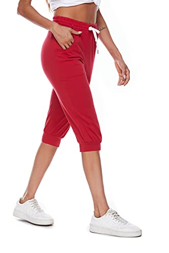 Ietaoo Pantacourt Femme Sport 3/4 Pantalon de Jogging Coton Léger Capri Pantalon Survêtement Yoga Gym Running Pantalons avec Poches Vin Rouge S