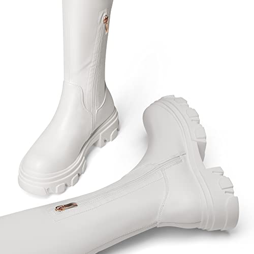 DREAM PAIRS DREAM PAIRS Women's Over The Knee Platform Thigh High Boots Long Stretch Soft Chunky Lug Sole Fall Boots,Size 9.5,White/Pu,SDOB222W