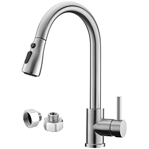 Kitchen Faucet for Sinks, VFauosit Pull Down Brushed Nickel Stainless Steel Single Hole or 3 Holes Kitchen Faucets with Pull Down Sprayer for RV Farmhouse Campe with Male 3/8” to Female1/2” Adapter Cover