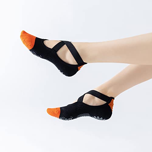 Yoga Pilates Socks with Grips Cross Band for Women Non Slip Cushioned Ankle Socks for Barre Ballet Dance4