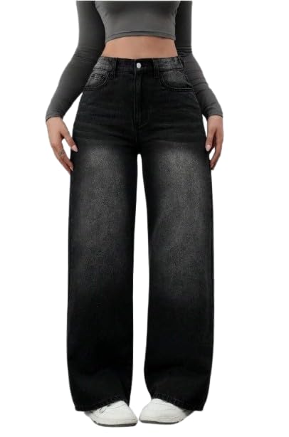 Image of Women's High Waist Baggy Wide Leg Jeans for Women - Loose Fit Washed Black Denim Pants with Straight Palazzo Style, Relaxed Streetwear Korean Trousers