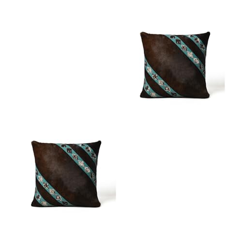 MOUSM Diamond Pattern Cowhide Cushion Cover with Brown Hair-On Leather and Turquoise Straps Set of (2)