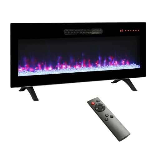 36 Inch Electric Fireplace, Recessed Ultra Thin Tempered Glass Front Wall Mounted Electric Fireplace with Remote Control, Multi Color Flame, Emberbed, LED Light Heater