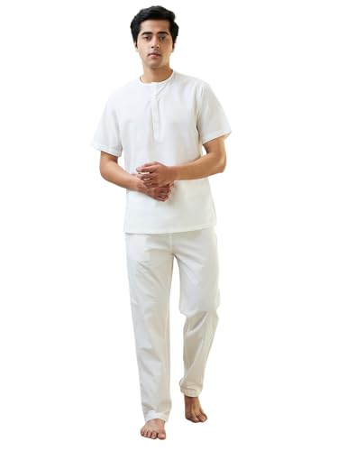 Image of SleepZ by Raymond Men Comfort Fit Solid Pattern Cotton Polyester Blend Round Neck Kurta Set