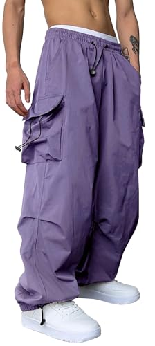 PADOLA Cargohose Herren Schnelltrocknende Baggy Jogginghose mit 4 Taschen Hohe Elastische Taille mit Kordelzug Y2K Einfarbige Hosen Loose Yogahose Arbeitshose Freizeithose (1 Lila, M)