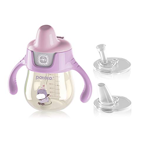 Image of POTATO Sippy Cups For Toddlers with Straw Spill Proof, PPSU Learner Cup with Handle for Girl, Water Bottle for Baby 6 Months with 2 Type of Spout, 6 Ounce Pink