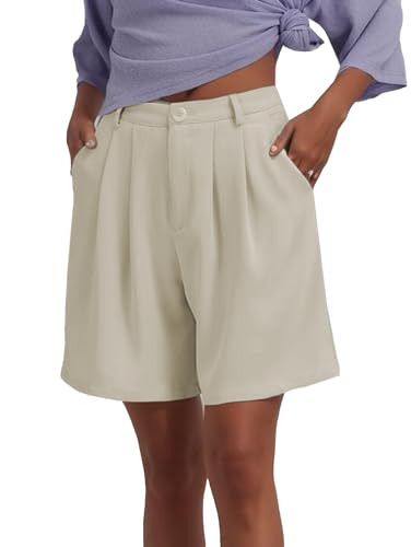 Famulily Women's High Waist Bermuda Shorts Solid Front Pleated Summer Wide Leg Shorts Beige M