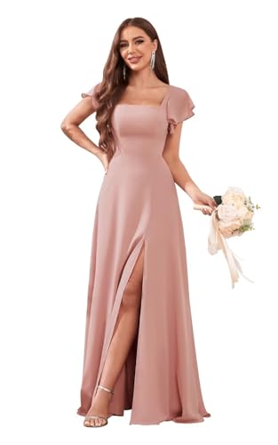 Women's Short Sleeve Square Neck Bridesmaid Dresses with Slit Chiffon Long Formal Evening Dresses