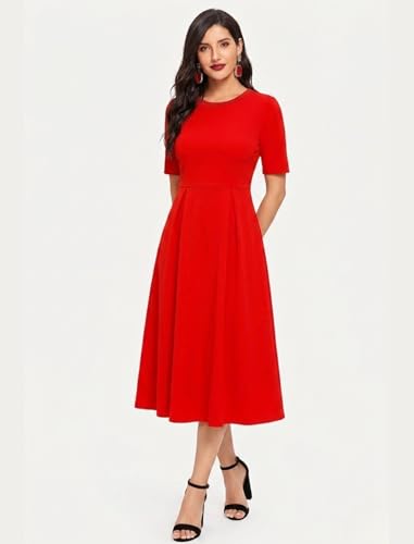 Image of LONDON BELLY Women's Poly Cotton Midi Dress with Round Neck 3 /4 Sleeves Solid Pattern Regular Fit and Calf Length | Women Midi Dress | Casual Party Summer for Womans