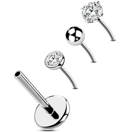 OUFER 4PCS Nose Rings Studs, G23 Solid Titanium 20G Flat Back Push in Threadless Replacement Top and Bar Free to Match, Shining CZ Nose Nostril Piercing Jewelry for Women and Men 20g 7mm