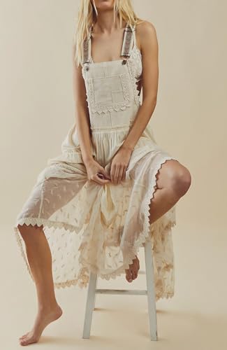 Image of CHARTOU Women Bib Overall Dress Jumper Babydoll Pinafore Dress Embroidered Lace Maternity Straps Suspender Dress