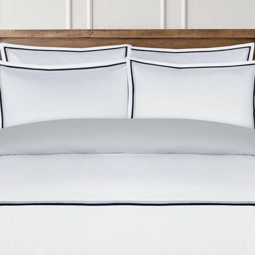 Majestic Giftware Madison Linen 4 Pcs 48" Full Size Duvet Bedding Set (BL57-48F-4pcs) Lyon - Navy/Gray 400 TC 100% Cotton Sateen |1 Fitted Sheet, 1 Duvet, 2 Pillowcases - Noble Collection