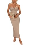 PRETTYGARDEN Women's Bodycon Long Dresses Summer Strapless Tube Twist Knot Front Ribbed Knit Maxi Cocktail Dress with Slit (Khaki,Small)