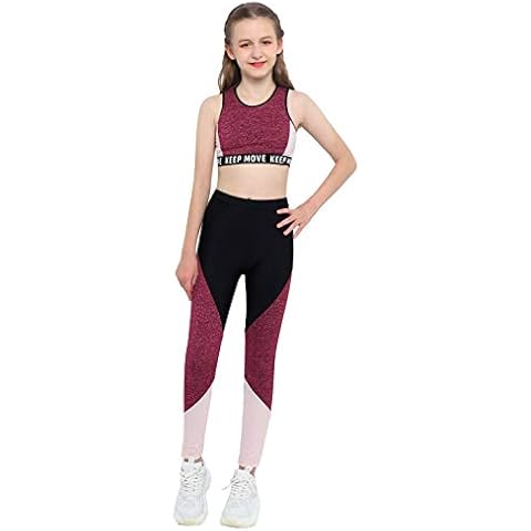 MSemis Conjuntos Deportivos Niña Crop Top Sin Manga+Pantalónes Deportivos Largos Ropa Deportiva Niña Para Gym Yoga Ejercicio Sportswear D Negro+Vino 11-12 años Cover