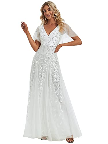 Ever-Pretty EP00734WH14 Women'S Sequin Sparkly V-Neck Short Sleeve Maxi Evening Dress White Us14 thumb #2