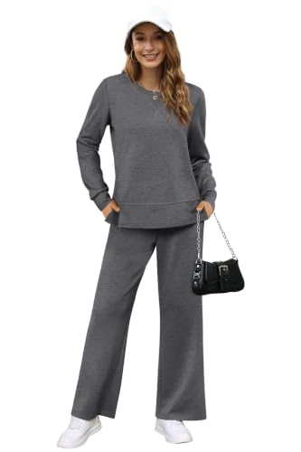 Image of OFEEFAN Women's 2 Piece Lounge Set Travel Airport Outfits Side Slit Tracksuit Wide Leg Loungewear Baggy Comfy Sweatsuit S-3XL