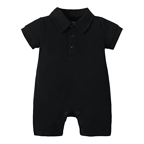 Defahn Baby Boy Romper Short Sleeve Pique Polo Bodysuit Jumpsuit Solid Collared Onsies Infant One-Piece Outfit (Black Polo, 0-3 Months) #TOP20