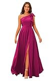 BITALY Simple One Shoulder A Line Bridesmaid Dresses with Slit Fuchsia Pleated Long Satin Formal Evening Dresses with Bow for Women 14
