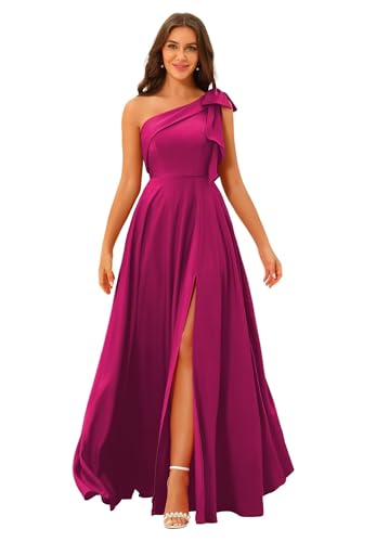 BITALY Simple One Shoulder A Line Bridesmaid Dresses with Slit Fuchsia Pleated Long Satin Formal Evening Dresses with Bow for Women 14