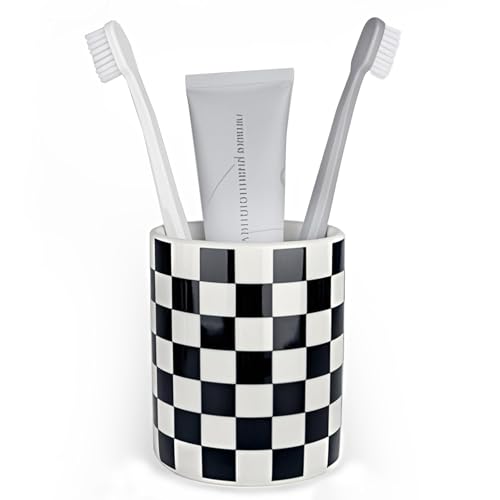Tooth Brush Holder for Bathroom, Countertop Toothbrush Holders for Bathrooms, Modern Cute Black and White Bath Room Cups, Ceramic Toothbrush and Toothpaste Dispenser, Checkered Bathroom Decor