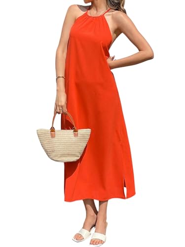 SweatyRocks Damen Sommer Kleid mit Schlitz Strandkleid Spaghetti Trägerkleid Neckholder Lange Kleider Rückenfreie Maxikleider Ärmellos...