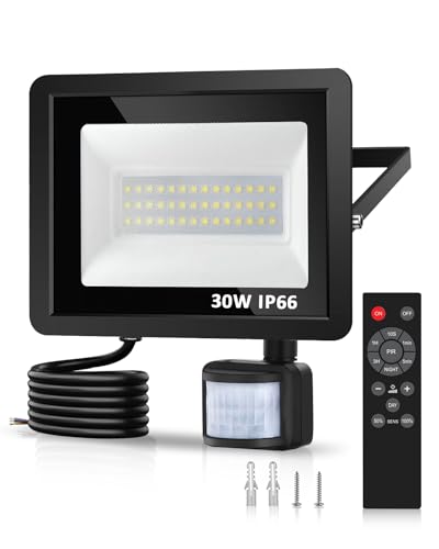 KALAHOL Upgraded 30W Security Lights Outdoor Motion Sensor with IR Remote Control, PIR Security Light 3000LM 6500K IP66 Waterproof, LED Floodlights for Garden,Backyard,Garage,Doorways (Cold White)