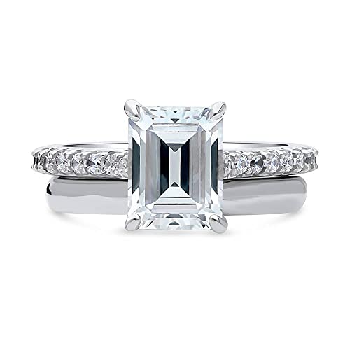 BERRICLE Sterling Silver Solitaire Wedding Engagement Rings 2.6 Carat Emerald Cut Cubic Zirconia CZ Ring Set for Women, Rhodium Plated2