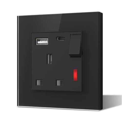 BSEED Single Plug Socket with USB C and USB A,Glass Switched Socket,UK Standard Electric Power Sockets,13A Wall Socket,Save Space,1 Gang,86mm Black