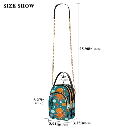 Women's Shoulder Handbag Octopuses Playful Sea Animal Quilted Phone Wallet Chain Strap Purse Cute Zipper Crossbody Bowler Bag, 5.9" × 8.3" × 3.1"3