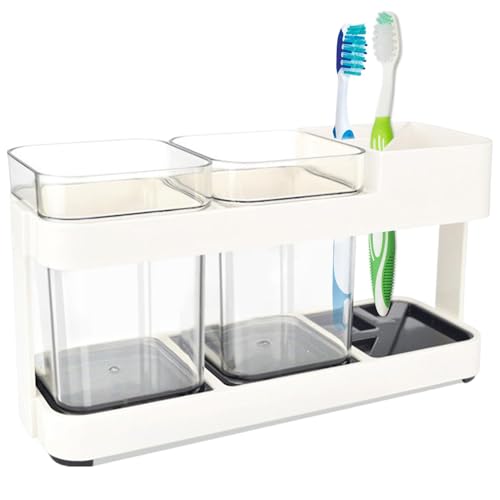 Juego de soporte para cepillo de dientes de baño, organizador de 2 tazas para cepillo de dientes y pasta de dientes, soporte de doble taza con 4 ranuras, solución de almacenamiento compacta para el