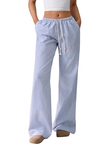 ZAFUL Casual Pants for Women, Pajama Pants Stripe Home Pants Palazzo Drawstring Waist Straight Leg