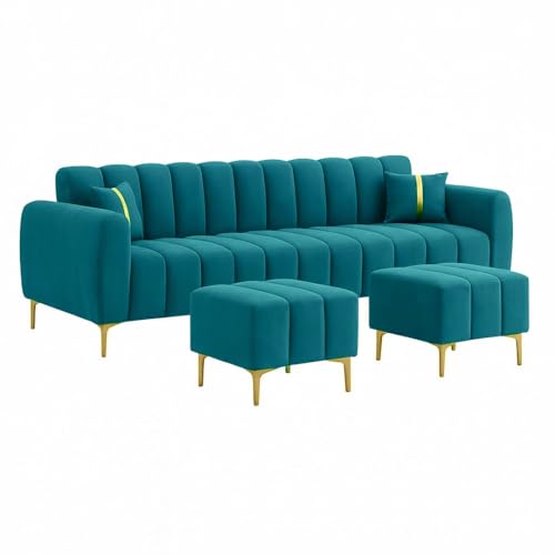 Image of Harmonica 3 Seater Modular L Shape Sofa Set with 2 Ottoman| Soft Velvet Upholstery, Sturdy Wooden Frame | Modern Sofa for Living Room, Hall & Office Spaces (Aqua Blue)