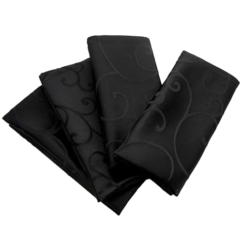 Marina Decoration Jacquard Waterproof Thick Luxury Premium Solid Damask Branch Scroll Decorative Home Kitchen Liquid Repellent and Stain Resistant 4 Piece Napkin Set, Black Color Square 18 x 18 Inch
