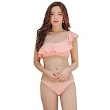 [RAVIR] 【ラヴィール】水着 レディース ビキニ 2点セット ビキニセット 女性用水着 バンドゥ ストリング ワンショル クロス フリル ピンク Lサイズ