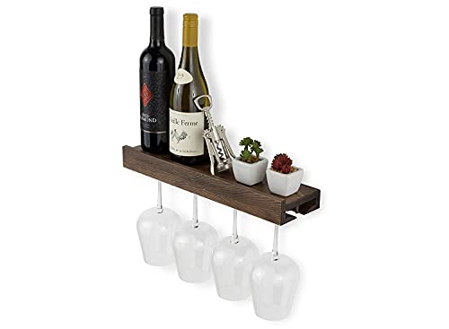Rustic State Smith Wall Mounted Wood Floating Wine Bottle Rack With Glassware Holder Stemware Shelf Storage Organizer - Home, Kitchen, Dining Room Bar Décor -Walnut #TOP6