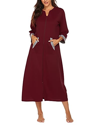 Image of Ekouaer Women Zipper Robe 3 /4 Sleeves Loungewear Dress Full Length Sleepwear Pockets Housecoat Nightgown Long Bathrobe
