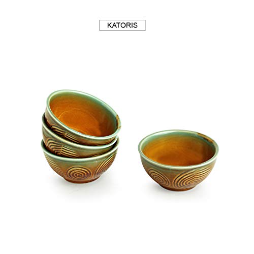 Image of ExclusiveLane 'Peacock Boulevard' Ceramic Bowls Set of 4 (200 ml, Caramel Brown and Sea Green) | Ceramic Katori Set of 6 for Dining Table Dessert Bowls Set for Dining Dinner Bowl for Serving