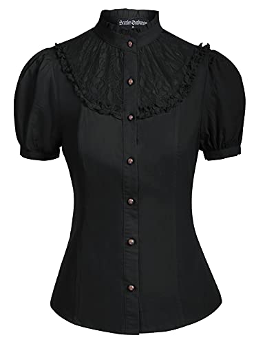 Womens Vintage Lace Collared Button Down Shirt Victorian Short Puff Sleeve Blouse Black 2XL