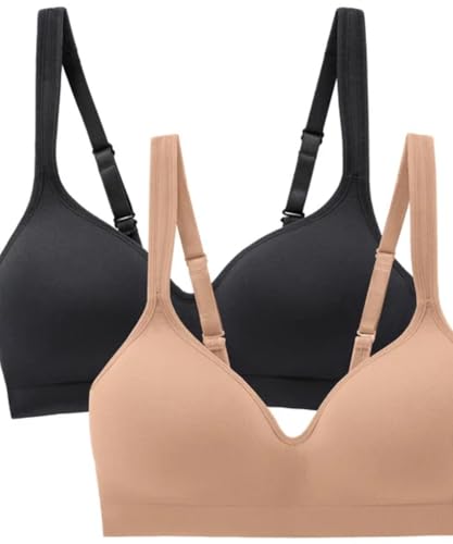 Carole Hochman Seamless Comfort Bra Wire Free Molded Cups Comfort Straps (2 Pack), Black/Taupe, Medium