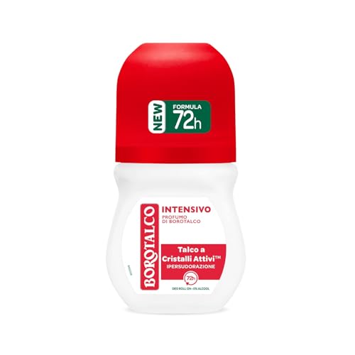 Borotalco, Deodorante Roll On Intensivo, Formula Senza Alcool e con Talco a Cristalli Attivi, Ipersudorazione, Profumo di Borotalco, 72h di Efficacia - 1 Flacone da 50 ml