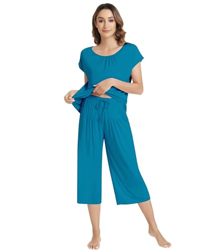 Image of NACHILA Women's Pajamas Set Short Sleeve Sleepwear Soft Pjs Cool Pajama with Capri Pants, Viscose Made from Bamboo