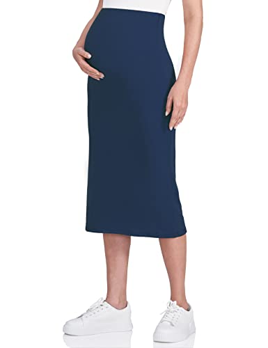 Poshdivah Women's Maternity Skirt Over The Belly Midi High Waisted Solid Stretchy Pregnancy Pencil Skirt Navy Blue Medium #TOP19